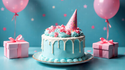 Birthday Cake Decorated with Party Hat, Icing, Balloons, Candies, Celebration, Surprise Card Background