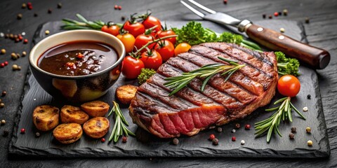 Grilled beef rump steak served on a rustic black stone table with a side of roasted vegetables and a drizzle of balsamic glaze , balsamic glaze, black stone table