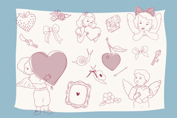whimsical coquette Valentines day line art illustrations. Vector collection of outline Angels, Cupids, Cute Boys and Girls, Bows, Cherry, keys, Hearts, snails, flowes art. Sublimation design