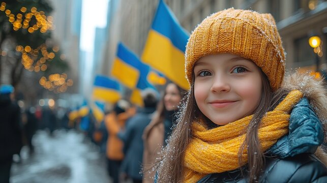 A smiling girl in a winter scene, surrounded by people holding Ukrainian flags.
