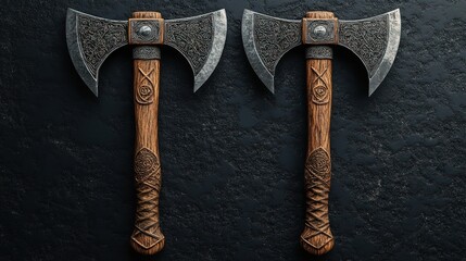 Two ornate double-bit axes on dark stone.