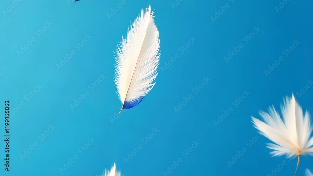 Poster large number of white feathers scattered across a blue sky. the feathers are in various sizes and or
