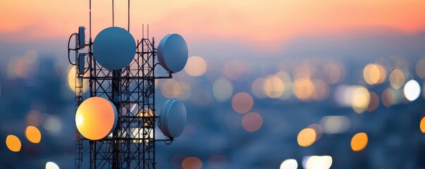 A communication tower stands against a colorful sunset, with glowing antennas and a blurred cityscape in the background.