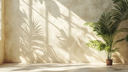 A room with a textured wall casting shadows of tropical leaves creates a minimal, pastel beige summer background, ideal for product presentation. 