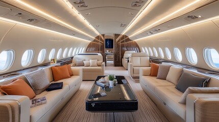 Fototapeta premium A spacious first-class cabin with a sophisticated and modern aesthetic.