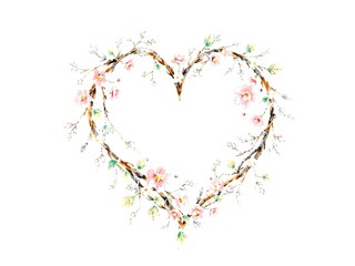 A heart-shaped frame made of delicate roses, leaves, and small buds in shades of red, pink, and green. Minimalistic and elegant design