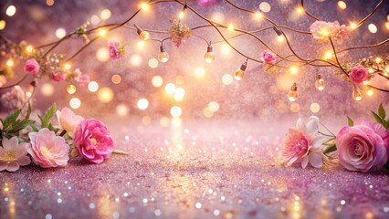 Fototapeta premium Glittery pink background with scattered fairy lights and flowers in a whimsical setting, party atmosphere, pink glitter background