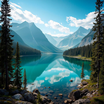 lake, mountain, landscape, water, sky, nature, forest, view, snow, reflection, mountains, canada, park, clouds, glacier, travel, scenery, summer, scenic, tree, national, green, rocky, outdoors, rockie