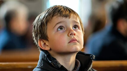Boy praying quietly during Holy Saturday service in church, Boy in church on Holy Saturday, praying in church