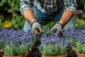 Gardener tending to lavender plants in a sunny outdoor garden setting