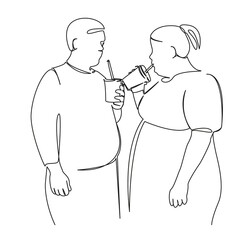 One continuous single drawing line art flat doodle fat, obese, teenager, friendship, happiness, smile, drink, lifestyle. Isolated image hand draw contour on a white background, hand drawn, not AI