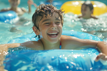 Happy kids swimming and playing in the pool in the summer. Kids pool party. Sunny summer un with young boy with inflatable ring and children splashing in the water