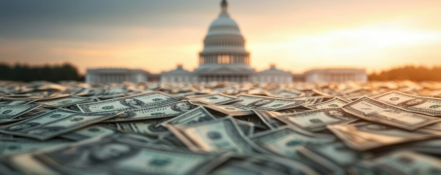 A captivating view of a large pile of money in the foreground with the United States Capitol building in the background during sunset.