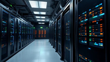 Fototapeta premium Powerful Data Center Servers and Network Infrastructure: Digital Technology, Computing, and Storage Illustration