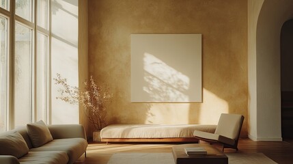 A room with simple furnishings and a blank wall, bathed in sunlight, serves as an adaptable backdrop. -