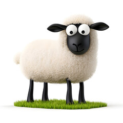 Fototapeta premium Fluffy cartoon sheep standing on green grass with big eyes and friendly expression