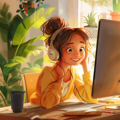 Customer support. Cute happy girl with glasses sitting at the computer, wearing headphones and smiling while working on the computer in the style of digital illustration. Working from home