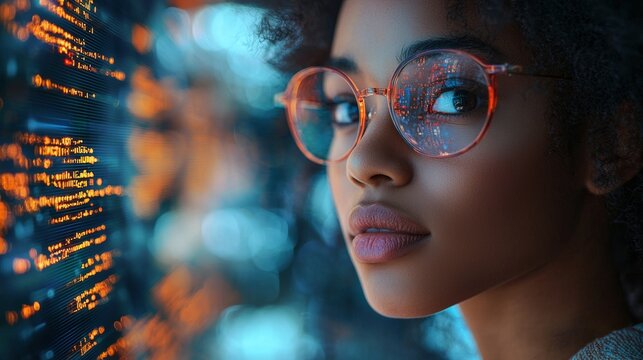 Young woman analyzes code while looking at futuristic data projections.