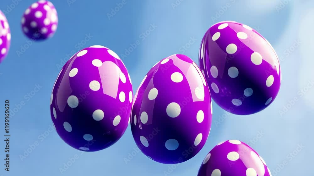 Poster bunch of purple eggs with polka dots flying in the air. the eggs are in different positions and size