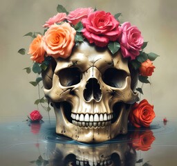 Illustration of human skull with roses.