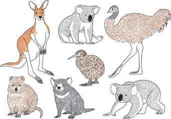 オーストラリアの有名な動物たちの手描きイラストセット