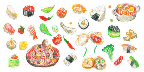 Clip art of colorful Asian food drawn with wax crayons on white isolated background. Children's foodcollection of oil pastel illustrations. 