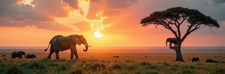 Fototapeta premium Solitary elephant perched high in a large tree, overlooking savanna , tree, perspective, wild