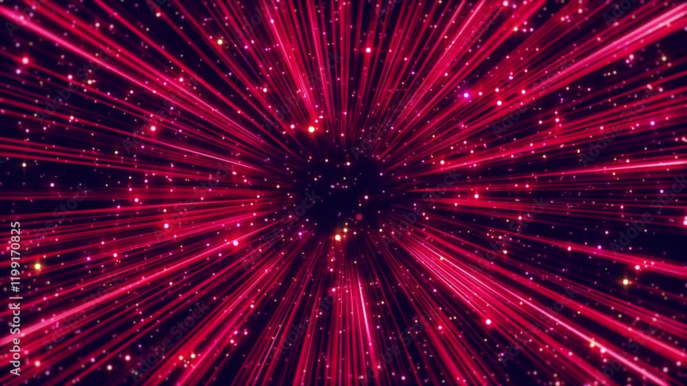 Poster a radial ray pattern radiates from the center. alternating red rays pulsate slightly. sparks flicker