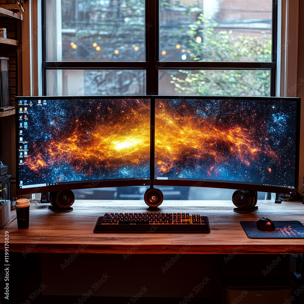 Fototapete two curved monitors display a stunning galaxy image on a wooden desk with a keyboard and mouse in fr