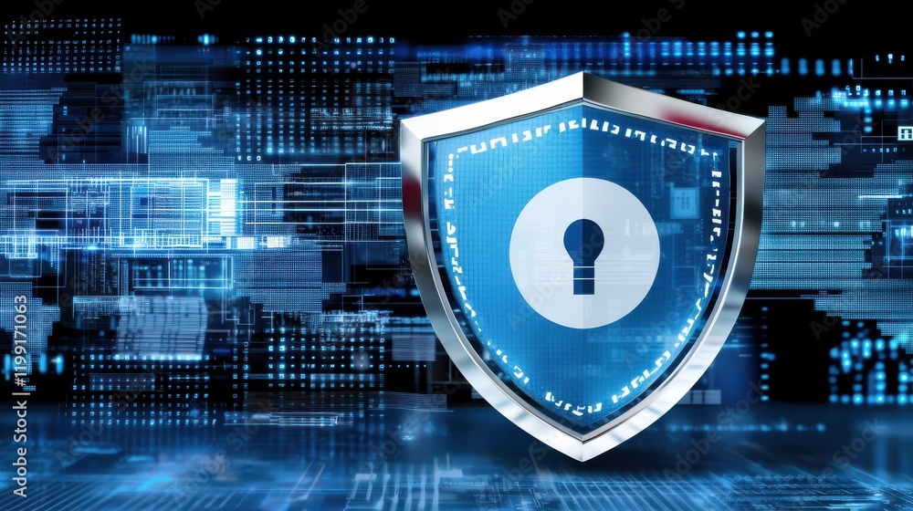 Poster cybersecurity shield symbolizing protection and information security, featuring digital lock and abs