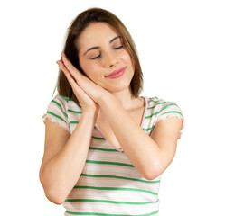 Portrait of a young woman standing and sleeping isolated over transparent background. PNG transparent.