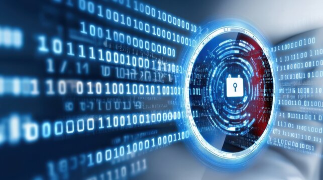 cybersecurity shield symbolizes information technology protection, featuring digital lock and binary code. This represents data security and privacy in digital age