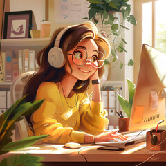Customer support. Cute happy girl with glasses sitting at the computer, wearing headphones and smiling while working on the computer in the style of digital illustration. Working from home