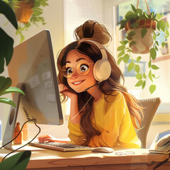 Customer support. Cute happy girl with glasses sitting at the computer, wearing headphones and smiling while working on the computer in the style of digital illustration. Working from home