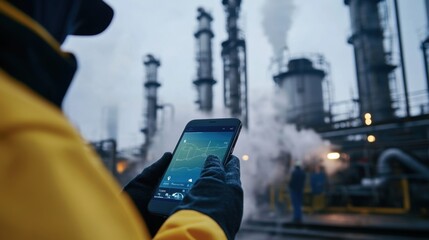 A closeup of a smartphone displaying a carbon footprint app while a factory backdrop shows workers making adjustments to equipment based on realtime emissions data.