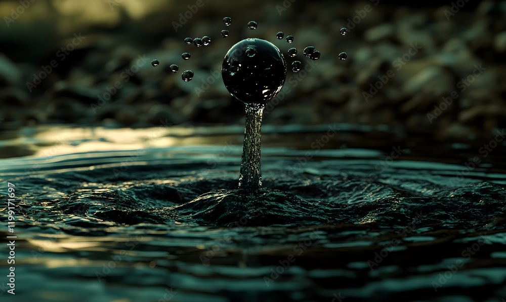 Poster dark sphere splashing in dark water, creating ripples and droplets.