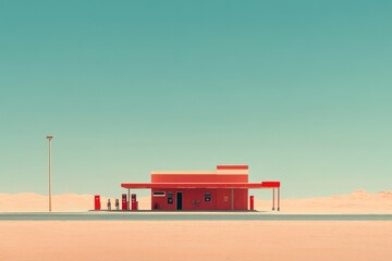 Bus stop near a gas station in a remote area during bright daylight hours