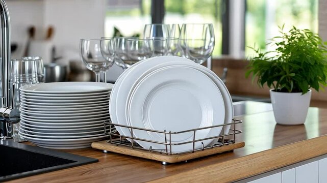 A kitchen countertop is organized with clean white plates and glassware, complemented by a green plant and modern utensils