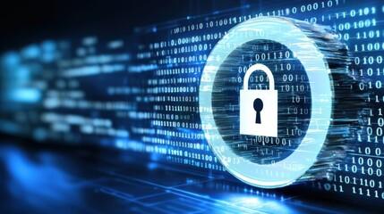 secure vault symbolizing information protection with digital elements, showcasing padlock and binary code, represents cybersecurity and data safety