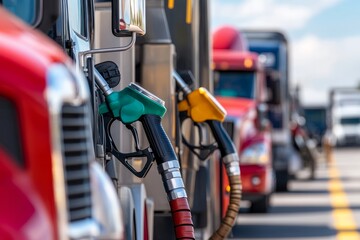 School bus parked next to trucks at a fuel station during a sunny day