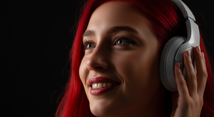 Fototapeta premium Smiling woman with vibrant red hair wearing headphones, enjoying music against dark background. Audio experience, relaxation, and modern lifestyle for music and technology themes