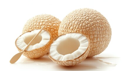 Two young coconuts, one halved, showing white flesh and coconut water, with a wooden spoon.