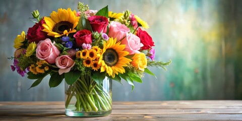 Colorful mixed floral bouquet with roses peonies lily sunflowers daisies in a large elegant glass vase, vases, floral arrangements