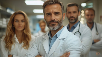 Fototapeta premium A Confident Doctor Team Working Together in a Hospital Setting to Provide Exceptional Healthcare Generative AI