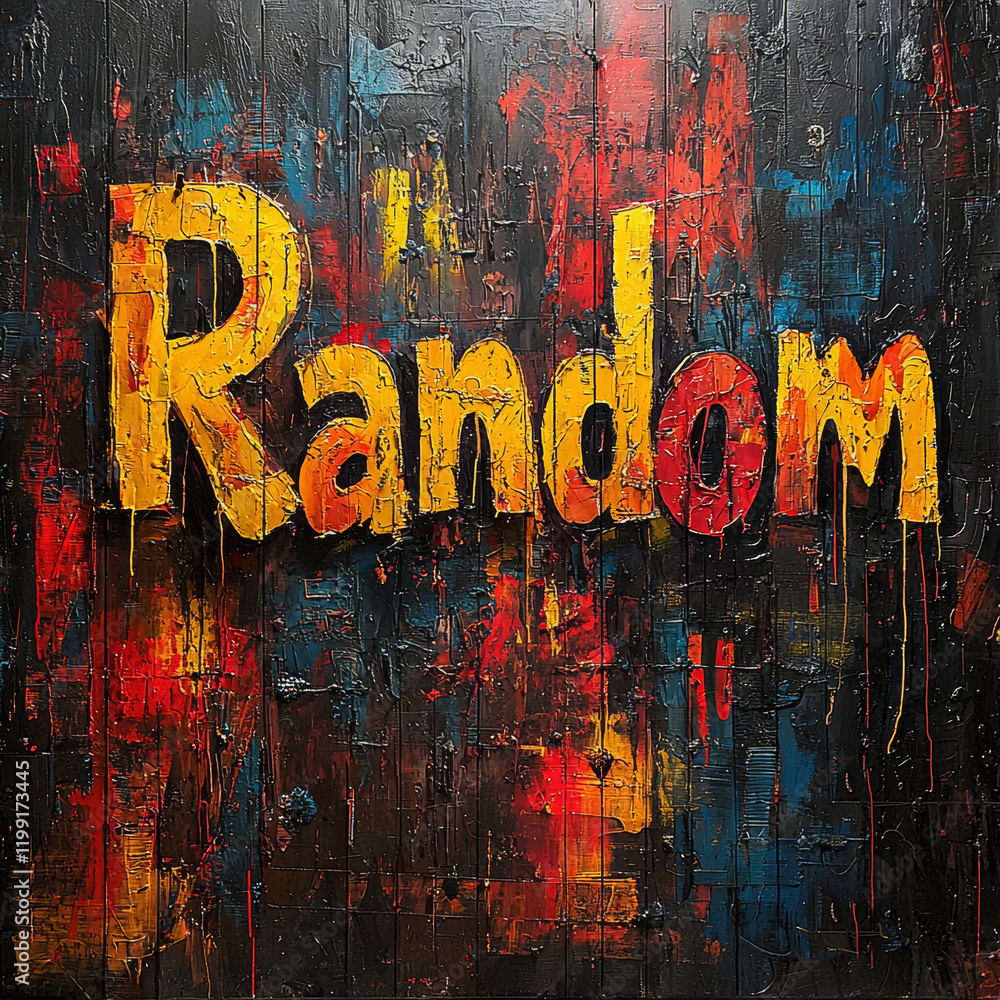 Poster abstract textural design with the word random in bold colorful lettering