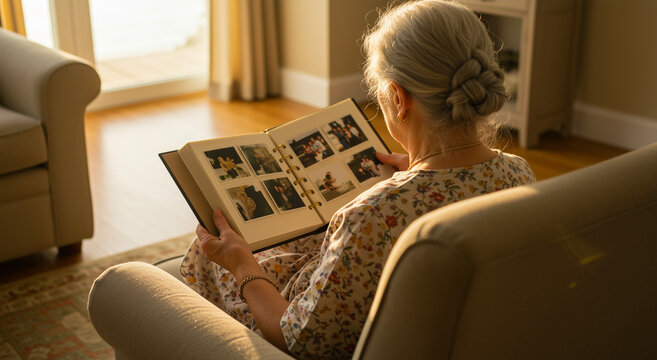 Elderly woman reminiscing while looking through photo album in cozy living room, warm sunlight and nostalgic atmosphere. Family, memories, and reflection for heritage and storytelling themes