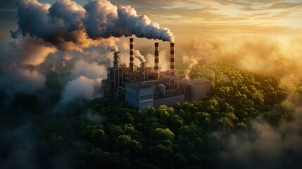 Industrial pollution contributing to global warming urban area aerial view smokestacks amidst forest environmental impact
