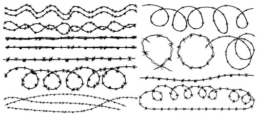 Twisted Barbed wire and fence set in line, round and square shapes. Steel black wire twists and spikes silhouette vector. Concept of protection, danger or security.