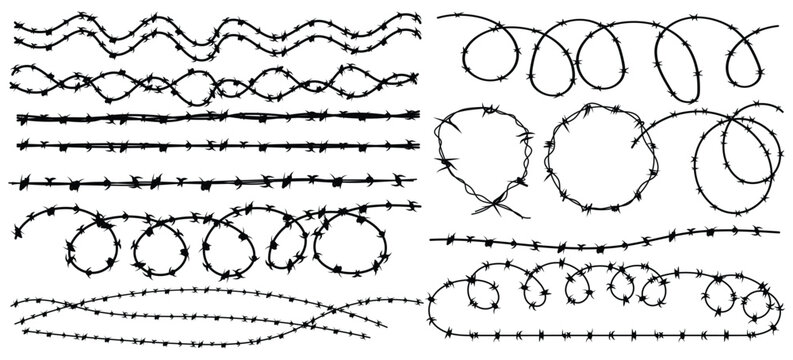 Twisted Barbed wire and fence set in line, round and square shapes. Steel black wire twists and spikes silhouette vector. Concept of protection, danger or security.