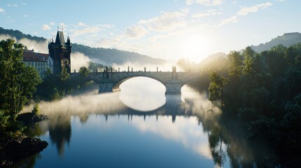 Misty River Bridge at Sunrise
